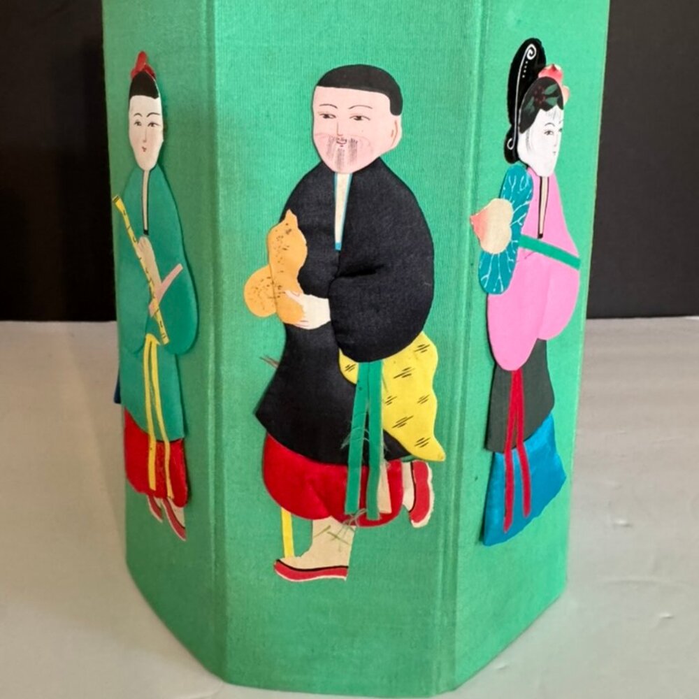 Vtg Chinese Octagonal Collapsible Silk Box- Handmade Silk Immortal Figures